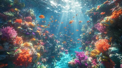 Vibrant Coral Reef Ecosystem with Sunlight Beams