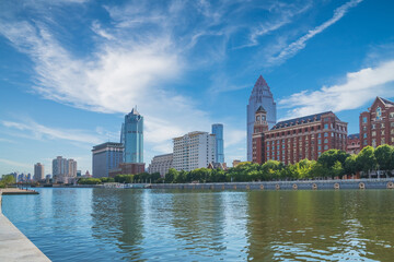 Fototapeta premium The urban architectural skyline, modern bridges, and Haihe River scenery of Tianjin, China on August 11, 2024