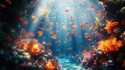 Fototapeta premium Underwater Paradise, Coral Reef and Fish in Sunbeams