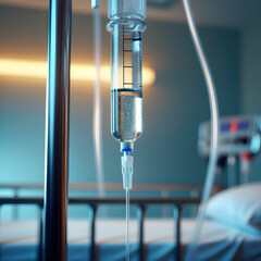 Close-up of an intravenous (IV) drip in a hospital setting.