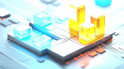 Abstract Digital Technology Background with Glowing Orange and Blue Cubes