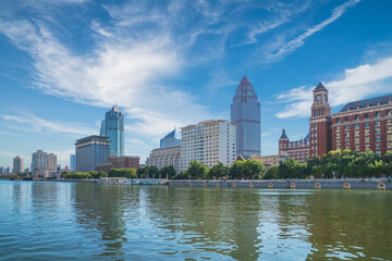 Fototapeta premium The urban architectural skyline, modern bridges, and Haihe River scenery of Tianjin, China on August 11, 2024