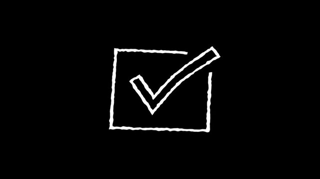 Hand-Drawn Chalk Sketch Scribble Checkmark Animation on Black Background in 4K and HD for Confirmation and Approval