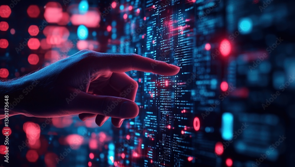 Poster hand pointing at glowing digital data stream on screen