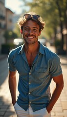 Charismatic young man enjoys a sunny day in a vibrant outdoor setting with a confident smile and stylish attire
