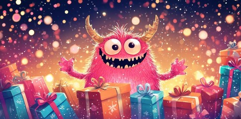 Fototapeta premium A Cheerful Pink Monster Surrounds Colorful Holiday Presents Joyfully