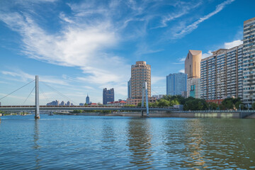 Fototapeta premium The urban architectural skyline, modern bridges, and Haihe River scenery of Tianjin, China on August 11, 2024
