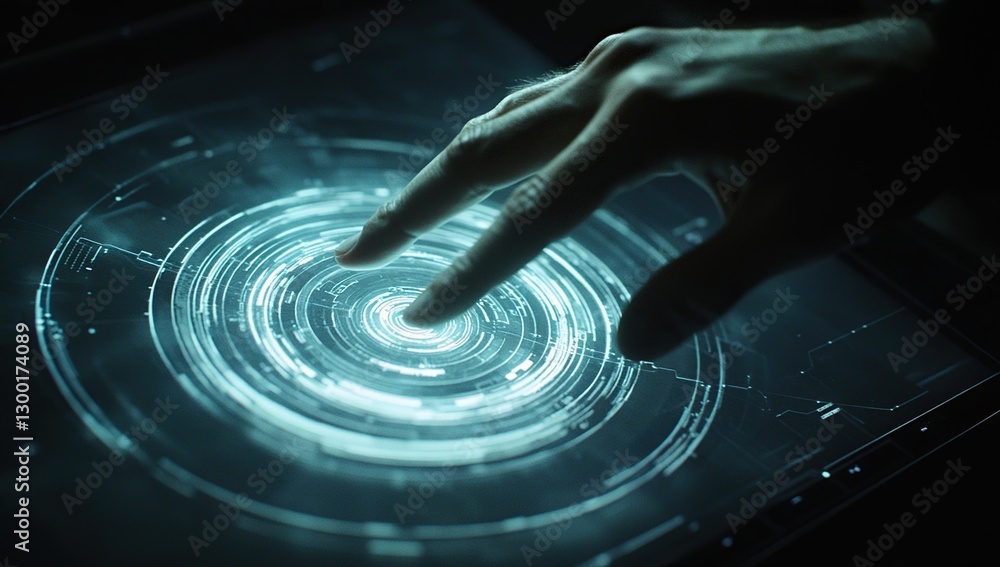Poster hand interacting with glowing circular digital interface