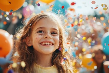 Happy Girl Celebrating Confetti Balloons Joyful Festive