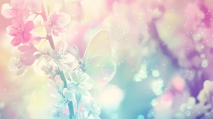 Pastel butterfly on blossoming branch, spring garden bokeh background, nature serenity, website banner