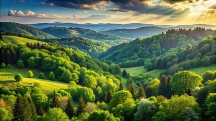 Rolling hills covered with dense green forests and tall trees in sunlight, nature, landscape,  nature, landscape