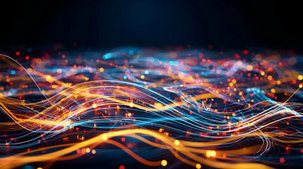 Abstract digital data network with glowing orange and blue light waves