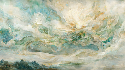 Abstract painted sky, swirling clouds, sun, mountains in background.  Possible use desktop wallpaper