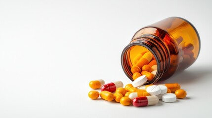 A high-end stock photo of a vitamin bottle with scattered pills, bright studio lighting with a clean and simple white backdrop,