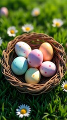 Pastel Easter Eggs Nestled in a Cozy Woven Bed with Spring Blossoms A Serene Celebration on a Sun-Kissed Meadow