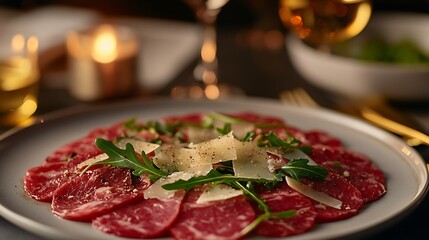 A luxurious first-class dining experience featuring Carpaccio di Manzo, thinly sliced beef tenderloin arranged in a delicate circular pattern, drizzled with aromatic truffle oil,
