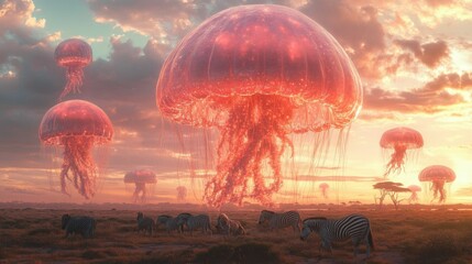 Otherworldly Skies, Zebra Gaze at Jellyfish Airships