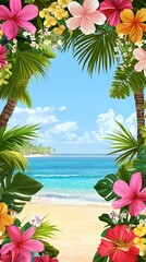 Vibrant Tropical Beach Scene with Hibiscus Flowers and Palm Trees