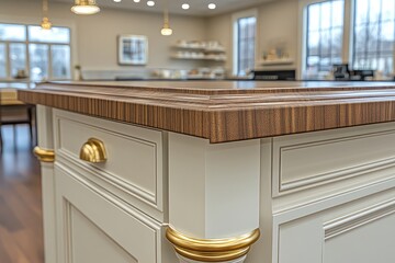 Elegant kitchen interior featuring a wooden countertop and stylish cabinetry, with warm lighting