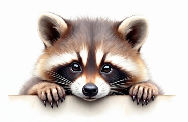 Obraz premium Adorable baby raccoon illustration. Cute animal peeks from behind white surface. Cartoon character with fluffy fur, paws. Brown mammal with curious eyes. Raccoon portrait for kids content, sticker,