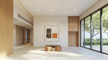 Modern Interior Design with Wooden Accents Natural Light and Artwork