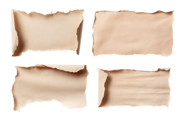 Set of torn beige and white paper pieces with crumpled texture, isolated on transparent cutout background
