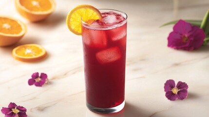 A glass of hibiscus iced tea with deep red hues, garnished with orange slices and edible flowers. --chaos 20 --ar 16:9 --quality 2 --v 6.1 Job ID: d2f8260a-9e66-4290-9dbd-011906074d52