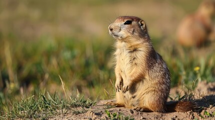 A prairie dog stands upright on a mound, attentively scanning its surroundings. Sunlight highlights its soft fur while the blurred grassy background adds depth,