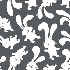 Seamless pattern with white rabbits. Funny bunny pets with heart nose. Baby hare isolated. Cartoon cute characters for child print background. Vector illustration of wallpaper or card Happy Easter. 