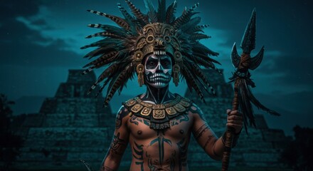 Fototapeta premium Aztec warrior in traditional attire poses with a spear against a mystical temple backdrop at twilight - chicano art