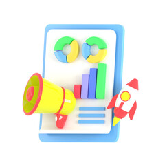 3d charts and graph with analysis business financial data, white clipboard checklist, target, darts isolated on Transparent Png Background. Online marketing, business strategy concept. 3d rendering.
