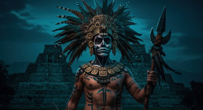 Aztec warrior in traditional attire poses with a spear against a mystical temple backdrop at twilight - chicano art