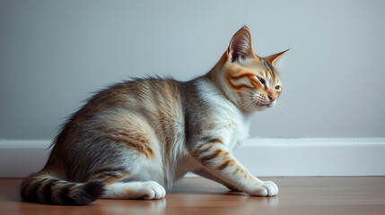 Injury pain is the sudden intruder of comfort, causing limping or hiding: Depict a cat with injury pain, favoring a limb or seeking hiding spots