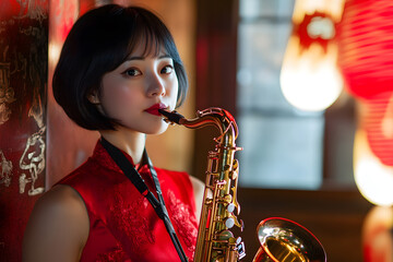 woman with saxophone playing on sax,  background.