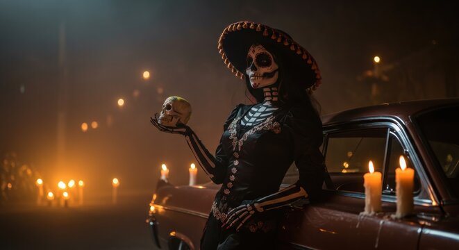 Woman in a skull makeup costume holding a skull, surrounded by candles and a vintage car at night - chicano art