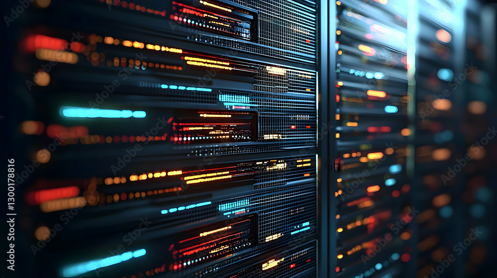 Poster Abstract Digital Server Rack In Data Center With Glowing Lines And Lights