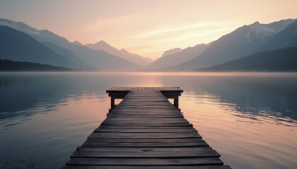 Fototapeta premium Cinematic view of a serene lake at dawn with mountains in the background and a wooden dock extending over calm waters