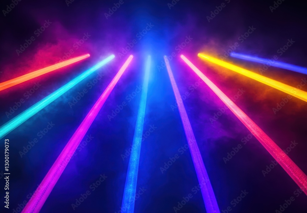 Poster colorful beams of light shining through a foggy background during a vibrant music event with a mesme