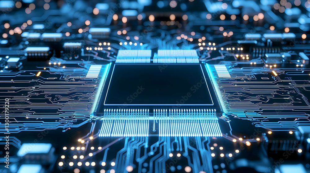 Aufkleber close up of blue lit computer circuit board with digital network lines
