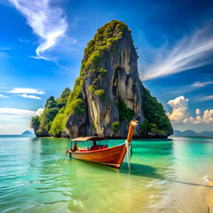 Obraz premium A traditional long-tail boat floating on turquoise, crystal-clear waters, surrounded by a serene tropical seascape.