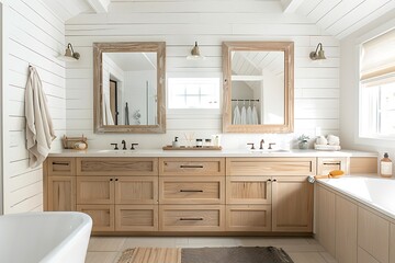 Modern farmhouse bathroom with large wooden vanity, double mirrors, central bathtub, bright white walls, light wood cabets, wdow on one side,
