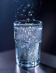 A macro shot of a glass of sparkling water, capturing the bubbles rising to the surface and the light refractions. The crisp, refreshing clarity enhances the effervescent and pure aesthetic.