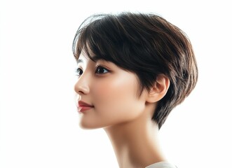 Fototapeta premium Woman sports a stylish Pixie Cut, also known as Short Bob with Bangs or Layered Crop. The short layers and soft bangs enhance her youthful elegance. It is timeless, low maintenance look.