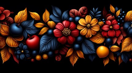 Fototapeta premium Vibrant Floral Composition with Colorful Leaves and Fruits on Dark Background