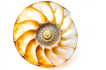 Obraz premium Nautilus shell spiral, ocean detail, white background, nature photography, scientific illustration