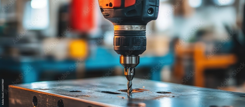 Poster close-up of a drill bit piercing a metallic surface in a workshop, showcasing precision engineering 