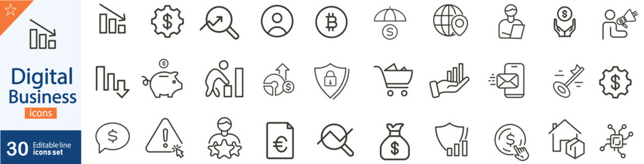 Digital Business Line Icons Set. Collection of 30 outline vector icons representing technology, online marketing, e-commerce, innovation, startup, and corporate strategy.