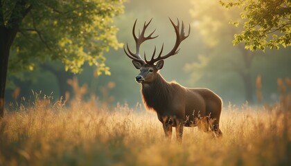 Majestic stag standing proudly in sunlit meadow during golden hour, surrounded by lush greenery