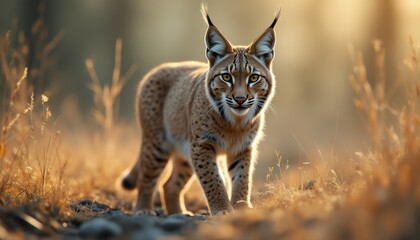 Obraz premium Majestic lynx exploring a golden meadow at sunset capturing the essence of wilderness
