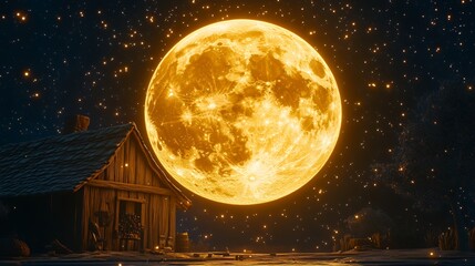 Enchanting Night Sky with Bright Moon Over Rustic Cabin and Stars